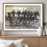 56089591-MGV-CV-36X24-Galloping Horses Wall Art Canvas Print, Framed Wild Stallions Art Picture Print, Horse Herd Sketch Perfect Monochrome Dynamic