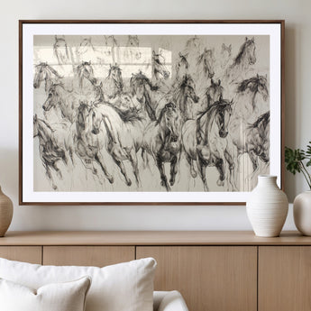 19433417-MGV-CV-36X24-Running Horses Wall Art Canvas Print, Framed Horse Sketch Art Picture Print, Galloping Herd Perfect Monochrome Western Decor