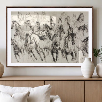 19433417-MGV-CV-36X24-Running Horses Wall Art Canvas Print, Framed Horse Sketch Art Picture Print, Galloping Herd Perfect Monochrome Western Decor
