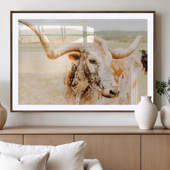 21060648-MGV-CV-36X24-Texas Longhorn Wall Art Canvas Print, Framed Speckled Cow Art Picture Print, Rustic Bull Perfect Rustic Western Decor Artwork