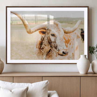 21060648-MGV-CV-36X24-Texas Longhorn Wall Art Canvas Print, Framed Speckled Cow Art Picture Print, Rustic Bull Perfect Rustic Western Decor Artwork