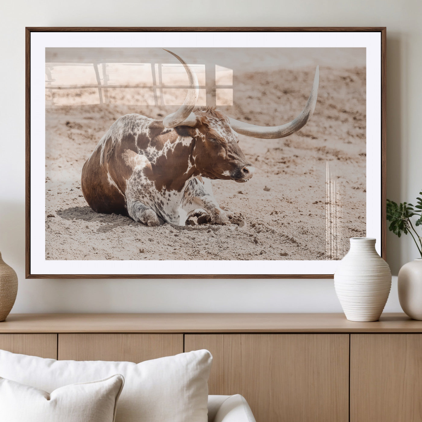 25407592-MGV-CV-36X24-Texas Longhorn Wall Art Canvas Print, Framed Resting Bull Art Picture Print, Spotted Cattle Perfect Rustic Western Decor Artwork