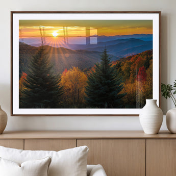 36964931-MGC-FP-36x24_Walnut-Autumn Mountains Wall Art Canvas Print, Framed Sunset Glow Forest Art Picture Print, Golden Trees Perfect Vibrant Nature Decor