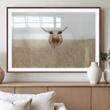 20927060-MGC-FP-36x24_Walnut-Texas Longhorn Wall Art Canvas Print, Framed Lone Cattle Art Picture Print, Longhorn Bull Perfect Rustic Western Decor Artwork