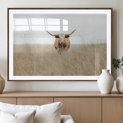 20927060-MGV-CV-36X24-Texas Longhorn Wall Art Canvas Print, Framed Lone Cattle Art Picture Print, Longhorn Bull Perfect Rustic Western Decor Artwork