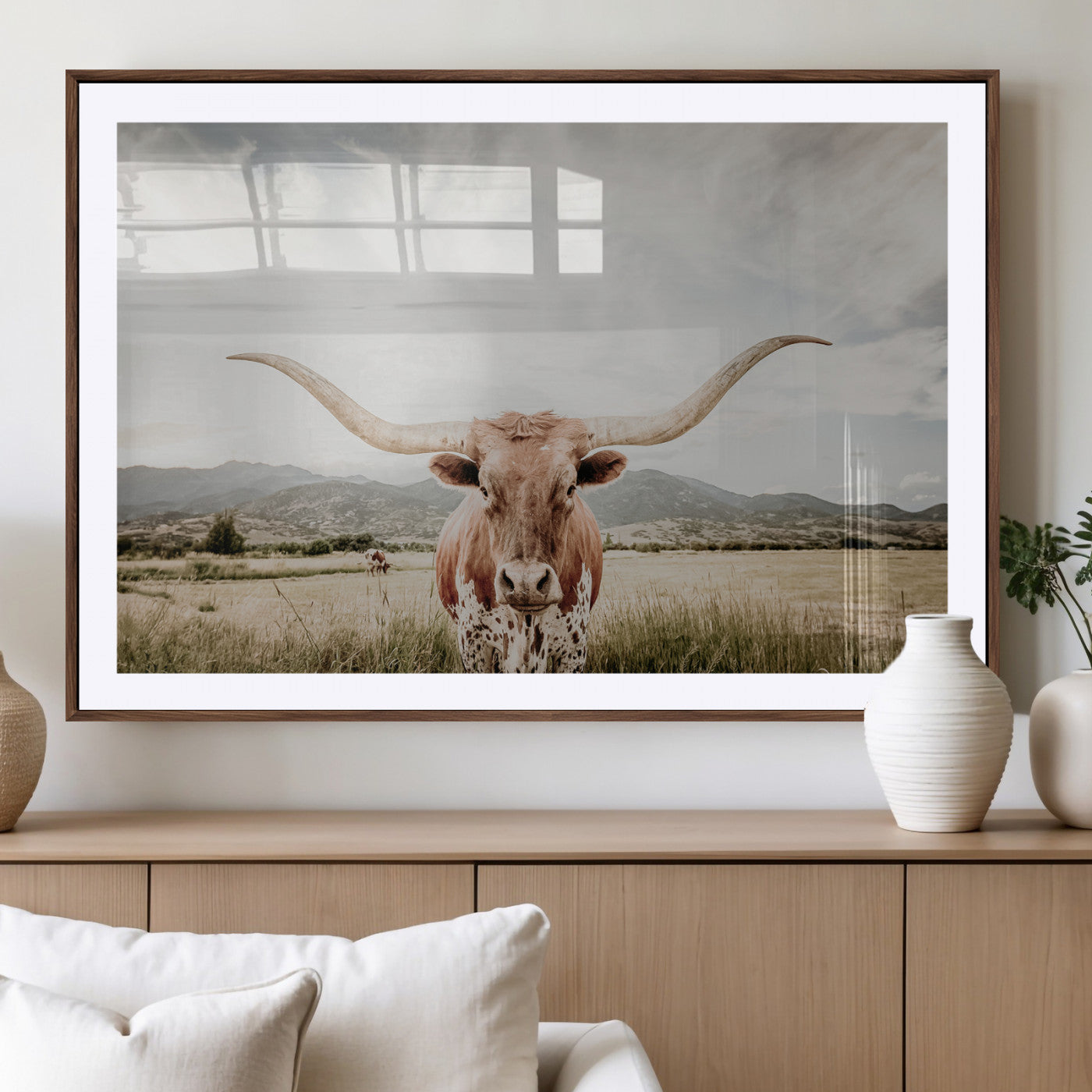 80054319-MGV-CV-36X24-Texas Longhorn Wall Art Canvas Print, Framed Western Cow Art Picture Print, Rustic Farmhouse Perfect Farmhouse Decor Artwork