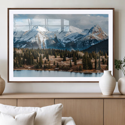 36247746-MGV-CV-36X24-Snowy Peaks Wall Art Canvas Print, Framed Alpine Lake Art Picture Print, Pine Forest Perfect Alpine Wilderness Decor Artwork