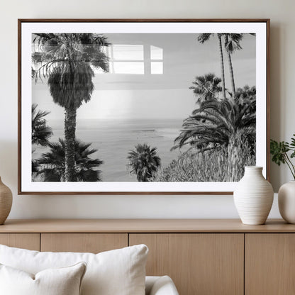 89458520-MGV-CV-36X24-Palm Trees Wall Art Canvas Print, Framed Coastal View Art Picture Print, Ocean Horizon Perfect Monochrome Coast Decor Artwork