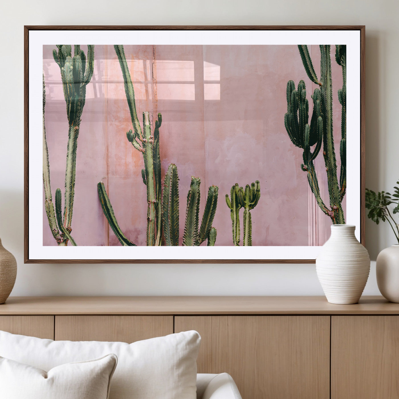 93119502-MGV-CV-36X24-Tall Cactus Wall Art Canvas Print, Framed Pink Wall Art Picture Print, Cactus Lines Perfect Modern Desert Decor Artwork