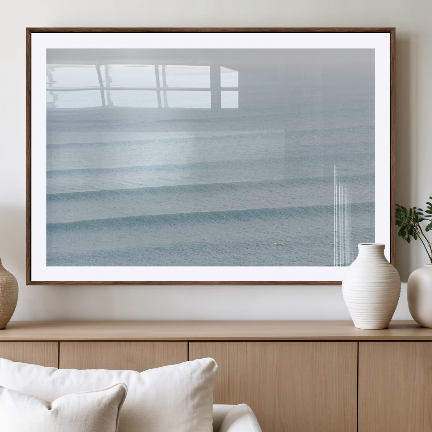 47814787-MGV-CV-36X24-Ocean Waves Wall Art Canvas Print, Framed Solo Surfer Art Picture Print, Wave Lines Perfect Minimalist Ocean Decor Artwork