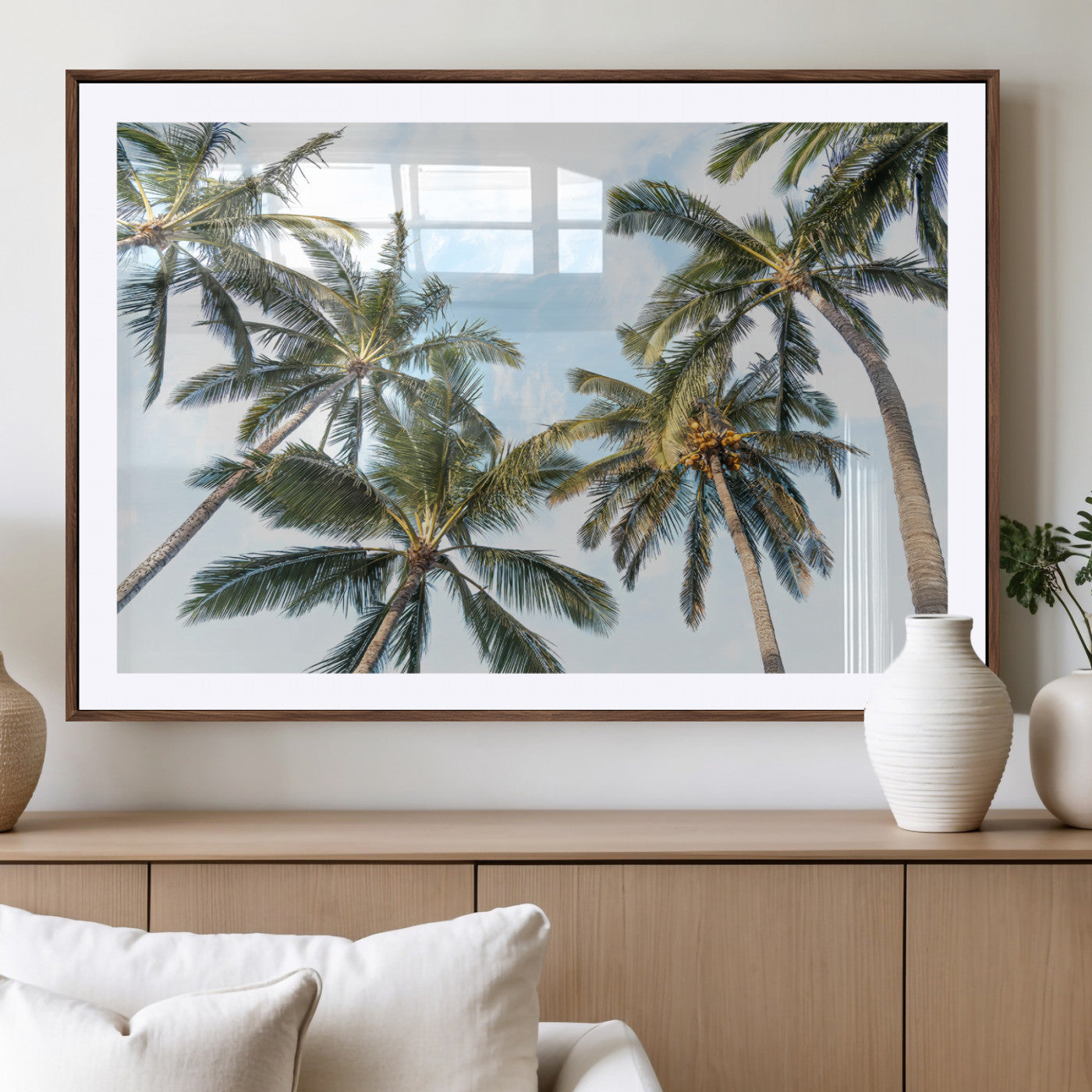 87247012-MGV-CV-36X24-Skyward Palm Trees Wall Art Canvas Print, Framed Tropical Sky Art Picture Print, Coconut Palm Perfect Tropical Skyview Decor
