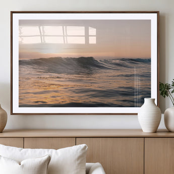 46299358-MGC-FP-36x24_Walnut-Sunset Waves Wall Art Canvas Print, Framed Ocean Horizon Art Picture Print, Golden Water Perfect Golden Hour Coastal Decor Artwork