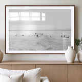 33449548-MGC-FP-36x24_Walnut-Group Surfers Wall Art Canvas Print, Framed Ocean Wave Art Picture Print, Surf Crowd Perfect Monochrome Surf Decor Artwork