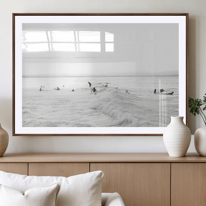 33449548-MGC-FP-36x24_Walnut-Group Surfers Wall Art Canvas Print, Framed Ocean Wave Art Picture Print, Surf Crowd Perfect Monochrome Surf Decor Artwork