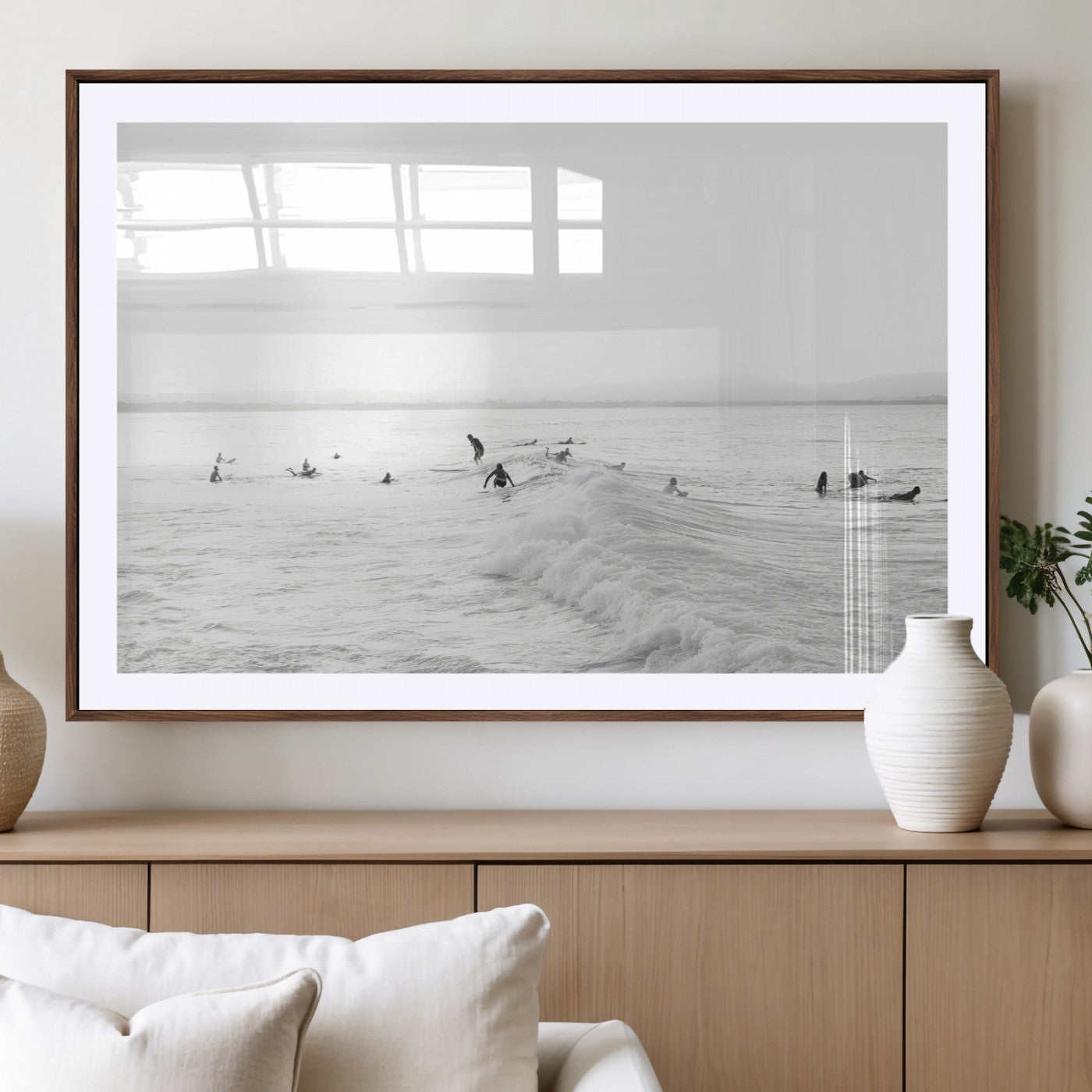 33449548-MGV-CV-36X24-Group Surfers Wall Art Canvas Print, Framed Ocean Wave Art Picture Print, Surf Crowd Perfect Monochrome Surf Decor Artwork