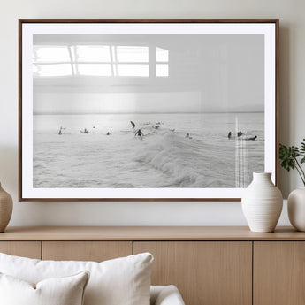 33449548-MGV-CV-36X24-Group Surfers Wall Art Canvas Print, Framed Ocean Wave Art Picture Print, Surf Crowd Perfect Monochrome Surf Decor Artwork