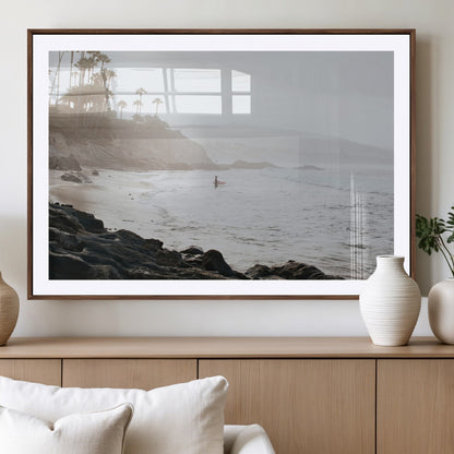 62501405-MGV-CV-36X24-Misty Beach Wall Art Canvas Print, Framed California Surfer Art Picture Print, Coastal Cliff Perfect Coastal Beach Decor Artwork