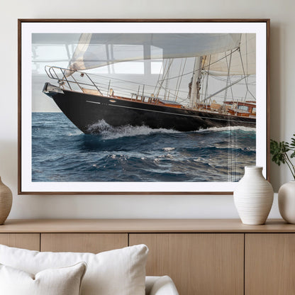 97168626-MGC-FP-36x24_Walnut-Sailing Yacht Wall Art Canvas Print, Framed Wooden Yacht Art Picture Print, Ocean Waves Perfect Nautical Coastal Decor Artwork
