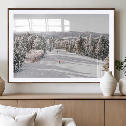 62119206-MGC-FP-36x24_Walnut-Snowy Trail Wall Art Canvas Print, Framed Ski Slope Art Picture Print, Winter Pines Perfect Alpine Adventure Decor Artwork