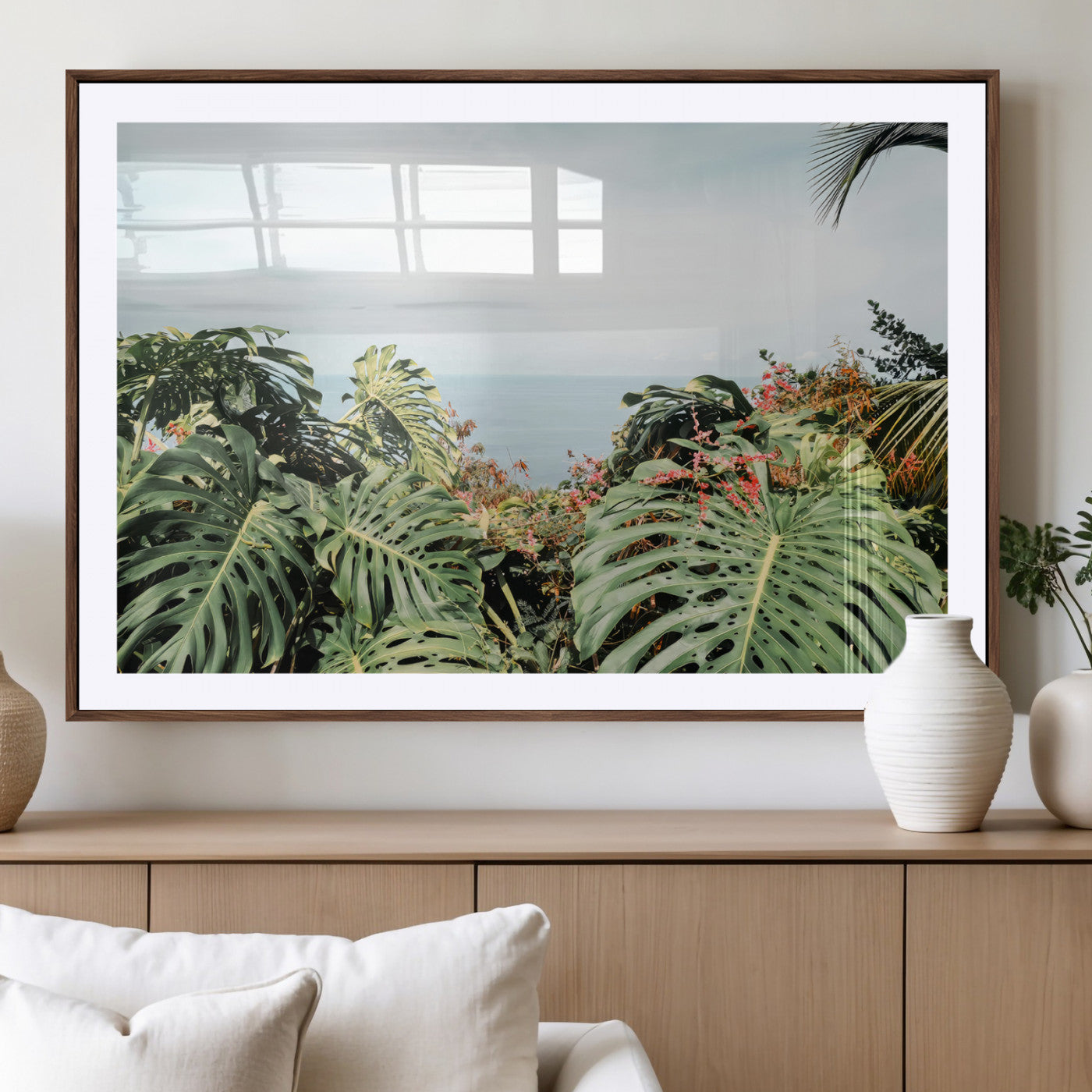 45700479-MGV-CV-36X24-Monstera Leaves Wall Art Canvas Print, Framed Tropical Ocean Art Picture Print, Tropical Foliage Perfect Tropical Coastal Jungle