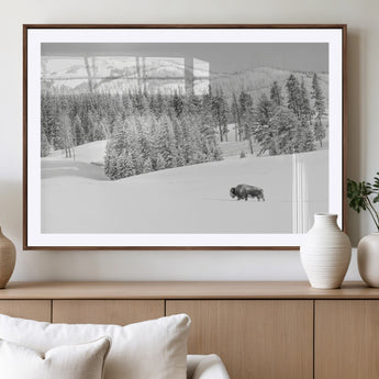 68081143-MGV-CV-36X24-Snowy Bison Wall Art Canvas Print, Framed Winter Forest Art Picture Print, Lone Bison Perfect Monochrome Winter Wild Decor Artwork