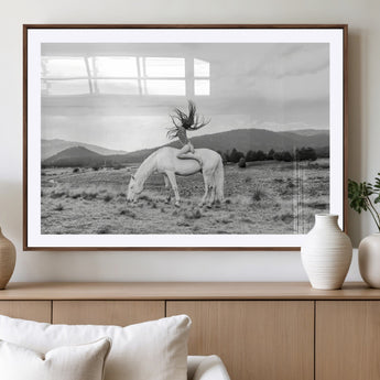 62789800-MGV-CV-36X24-White Horse Wall Art Canvas Print, Framed Woman Rider Art Picture Print, Equestrian Pose Perfect Western Boho Decor Artwork