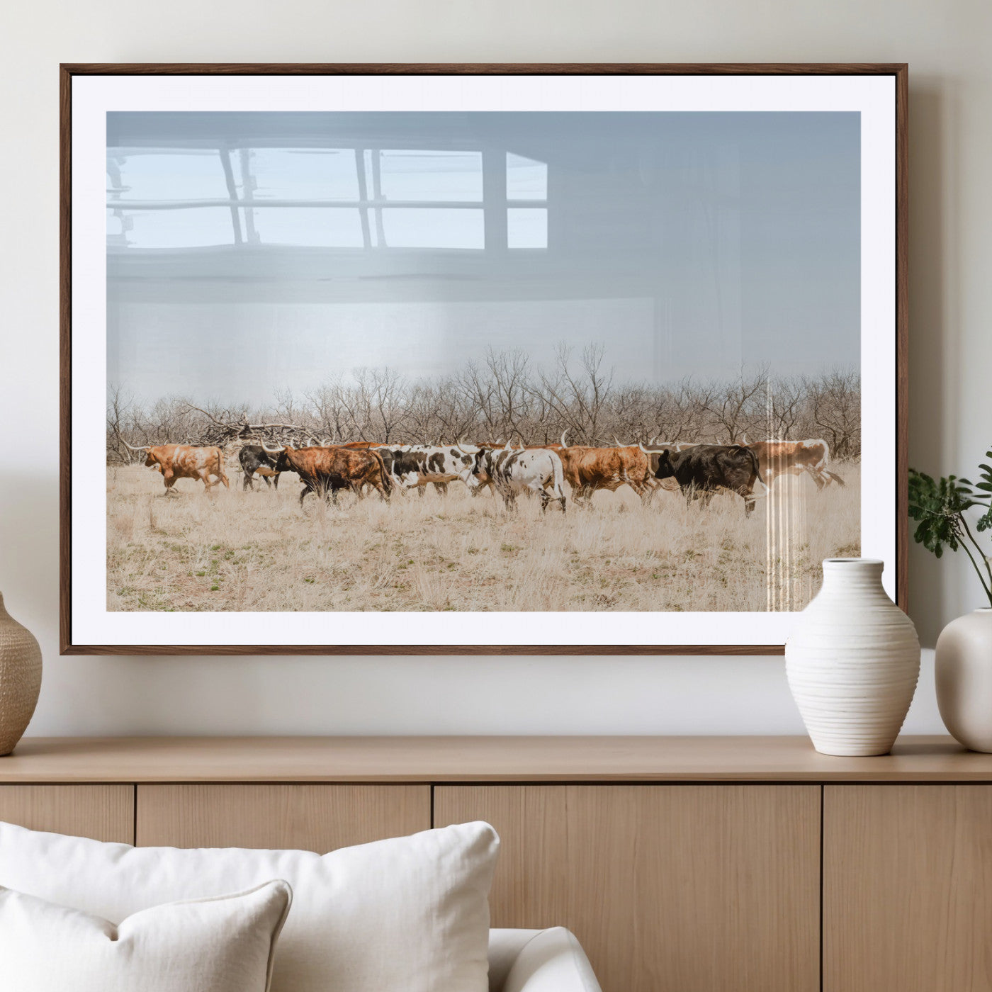 16563092-MGV-CV-36X24-Texas Longhorns Wall Art Canvas Print, Framed Western Cattles Art Picture Print, Rustic Herd Perfect Rustic Farmhouse Decor