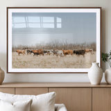 16563092-MGV-CV-36X24-Texas Longhorns Wall Art Canvas Print, Framed Western Cattles Art Picture Print, Rustic Herd Perfect Rustic Farmhouse Decor