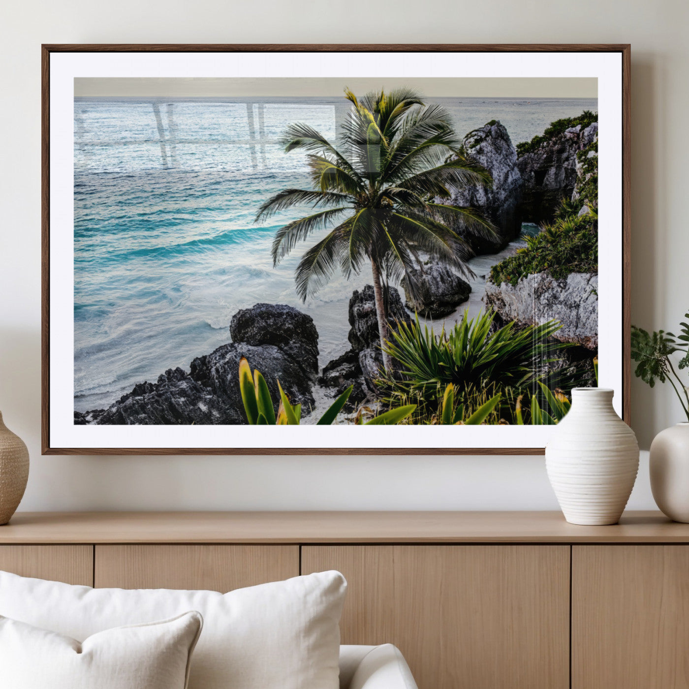 94669907-MGV-CV-36X24-Tropical Coastline Wall Art Canvas Print, Framed Palm Tree Art Picture Print, Rocky Beach Perfect Tropical Coastal Decor Artwork