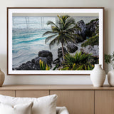 94669907-MGV-CV-36X24-Tropical Coastline Wall Art Canvas Print, Framed Palm Tree Art Picture Print, Rocky Beach Perfect Tropical Coastal Decor Artwork