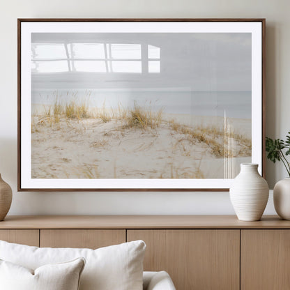 13146857-MGV-CV-36X24-Beach Dunes Wall Art Canvas Print, Framed Soft Horizon Art Picture Print, Coastal Grass Perfect Minimalist Coastal Decor Artwork