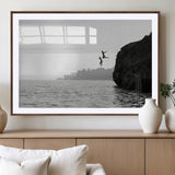 52284302-MGV-CV-36X24-Cliff Jumping Wall Art Canvas Print, Framed Ocean Adventure Art Picture Print, Black White Coast Perfect Modern Coastal Decor