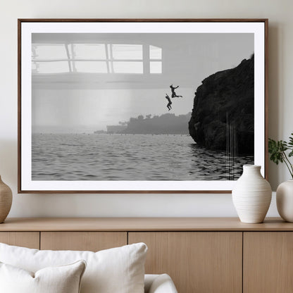52284302-MGV-CV-36X24-Cliff Jumping Wall Art Canvas Print, Framed Ocean Adventure Art Picture Print, Black White Coast Perfect Modern Coastal Decor