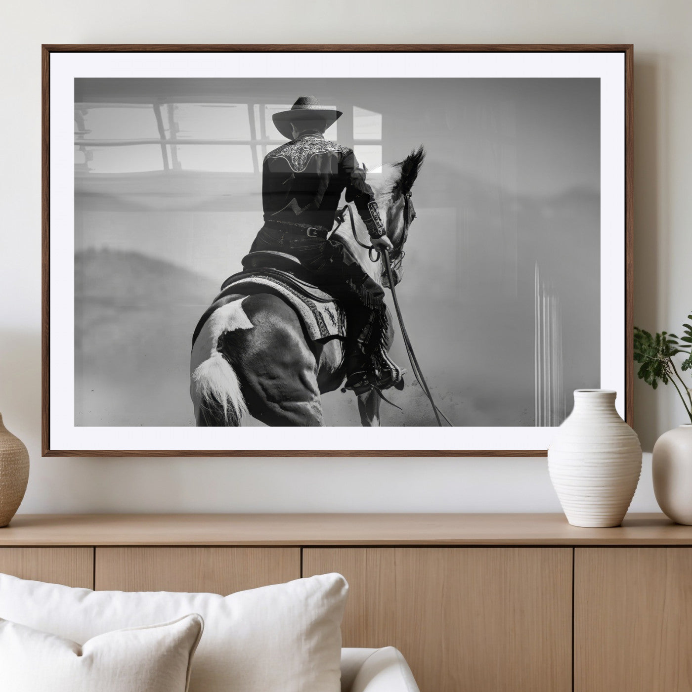 83102464-MGV-CV-36X24-Western Cowboy Wall Art Canvas Print, Framed Monochrome Horse Art Picture Print, Western Equestrian Perfect Rustic Western Decor