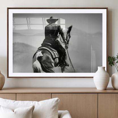 83102464-MGV-CV-36X24-Western Cowboy Wall Art Canvas Print, Framed Monochrome Horse Art Picture Print, Western Equestrian Perfect Rustic Western Decor