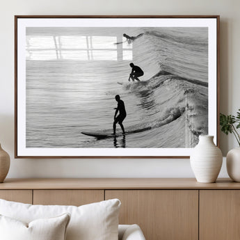 19875284-MGV-CV-36X24-Surfer Waves Wall Art Canvas Print, Framed Black White Surf Art Picture Print, Monochrome Ocean Perfect Modern Coastal Decor