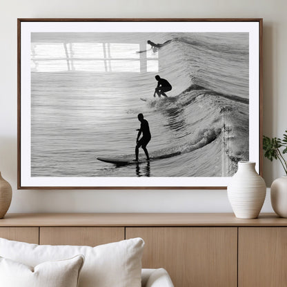 19875284-MGV-CV-36X24-Surfer Waves Wall Art Canvas Print, Framed Black White Surf Art Picture Print, Monochrome Ocean Perfect Modern Coastal Decor