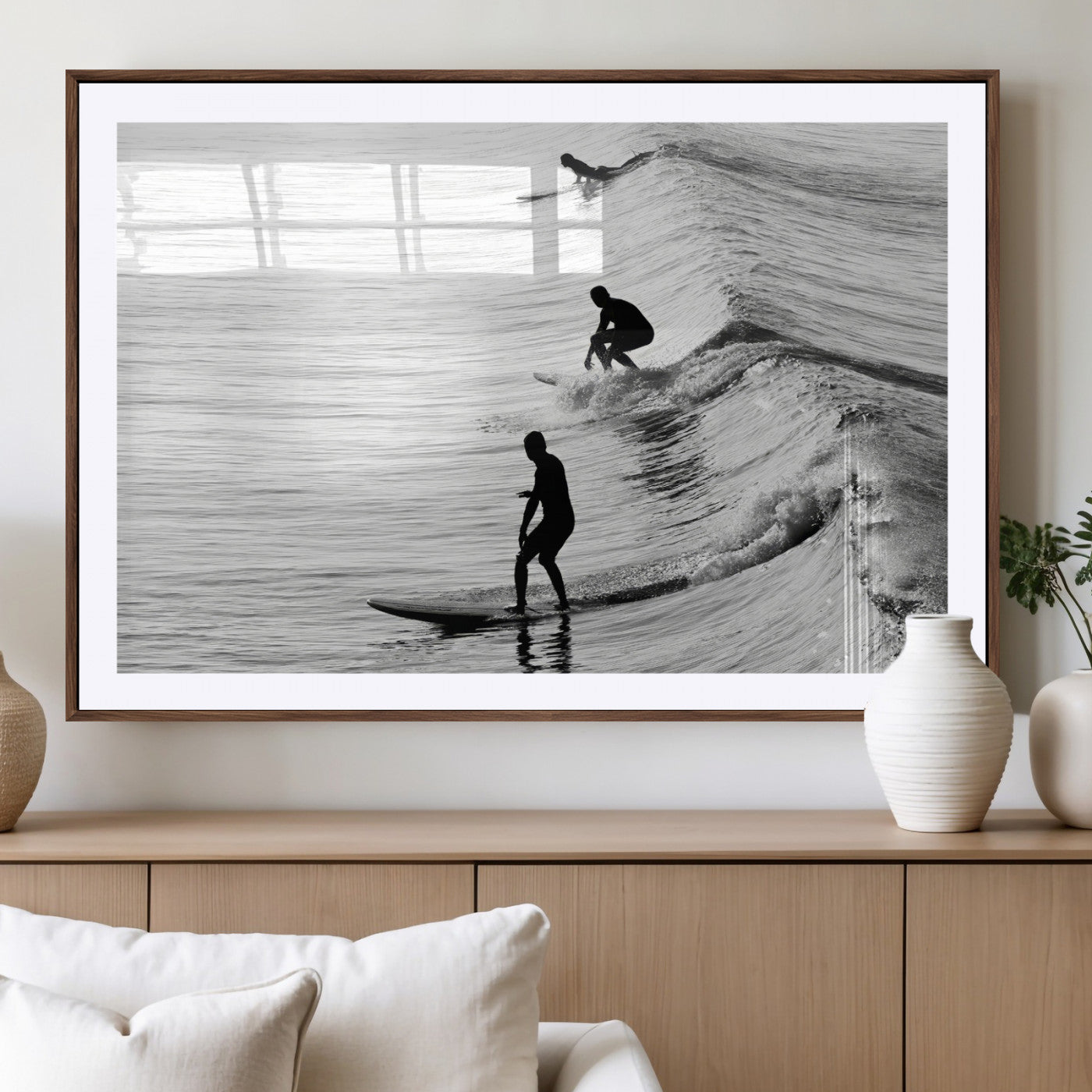 19875284-MGV-CV-36X24-Surfer Waves Wall Art Canvas Print, Framed Black White Surf Art Picture Print, Monochrome Ocean Perfect Modern Coastal Decor