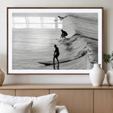 19875284-MGV-CV-36X24-Surfer Waves Wall Art Canvas Print, Framed Black White Surf Art Picture Print, Monochrome Ocean Perfect Modern Coastal Decor