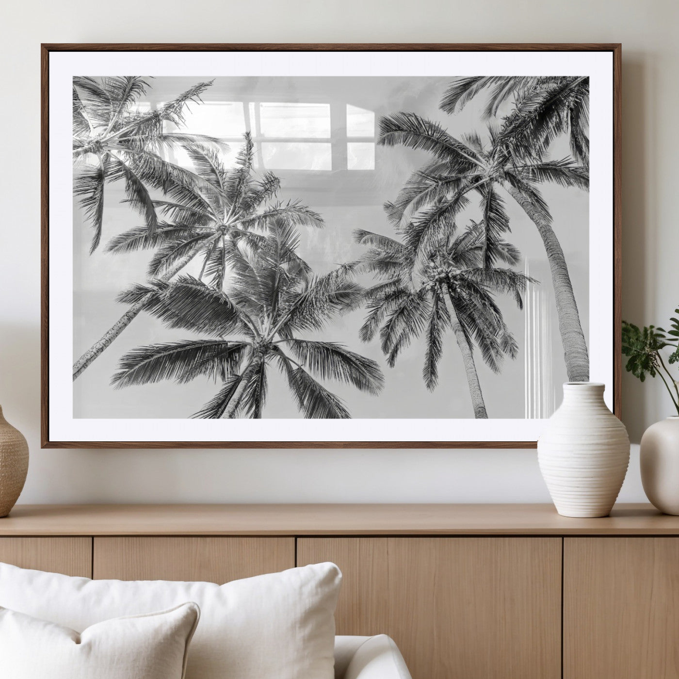 62113786-MGV-CV-36X24-Black White Palm Wall Art Canvas Print, Framed Monochrome Tropics Art Picture Print, Minimalist Beach Perfect Coastal Minimalist