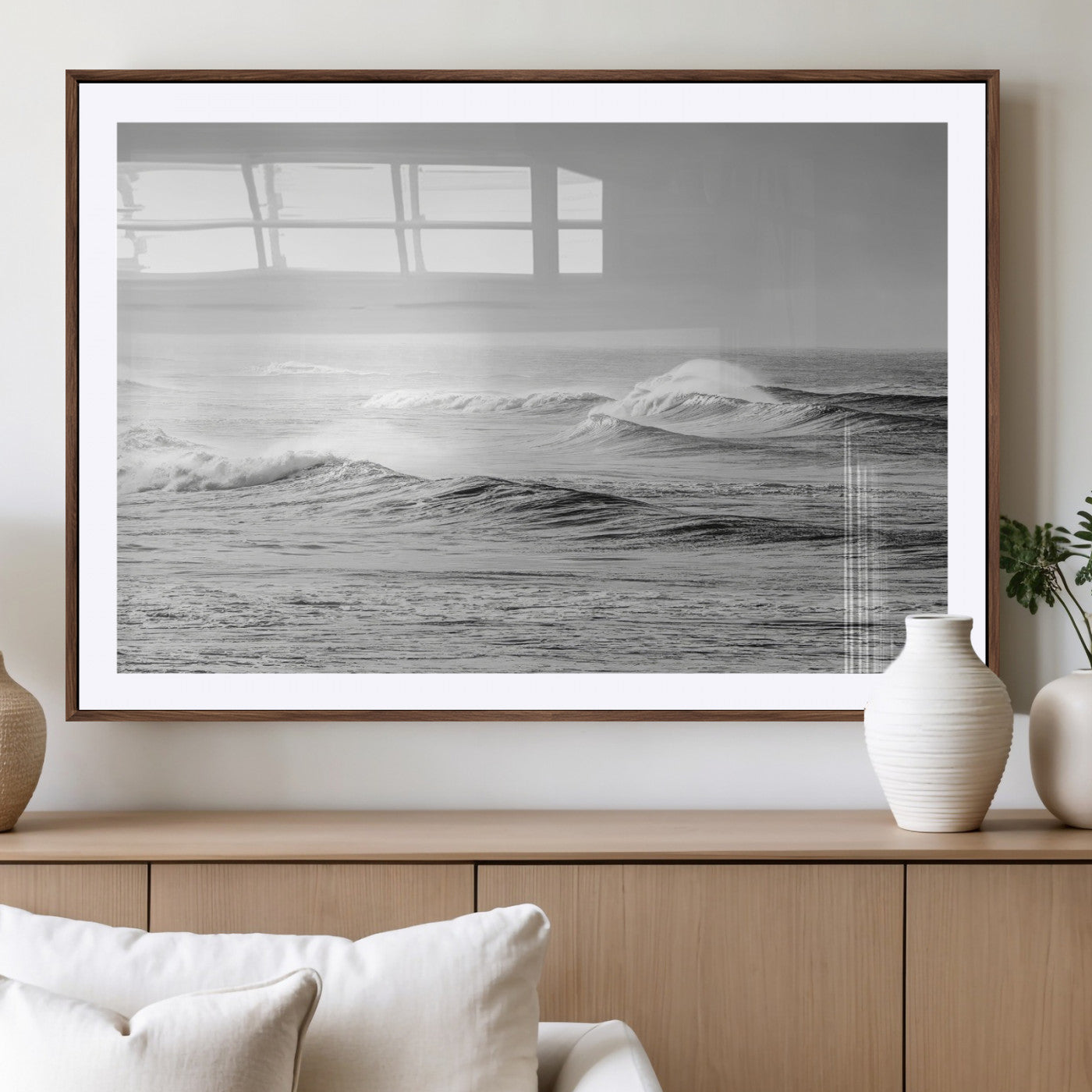 98634812-MGV-CV-36X24-Black and White Ocean Waves Wall Art – Minimalist Sea Canvas Print, Coastal Photography Decor for Living Room, Bedroom or Office