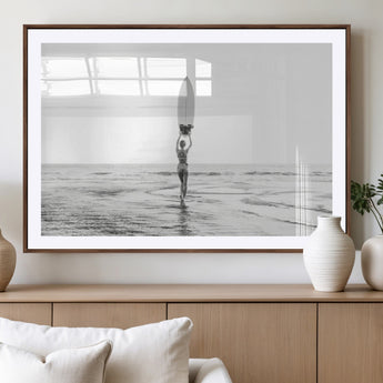 98446901-MGV-CV-36X24-Monochrome Surf Wall Art Canvas Print, Framed Minimalist Surfer Art Picture Print, Surfboard Silhouette Perfect Coastal Minimalist