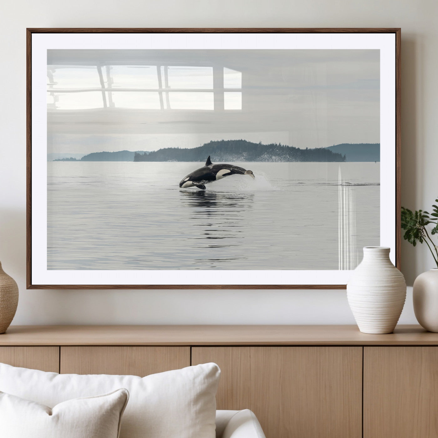 10157174-MGV-CV-36X24-Orca Whale Wall Art Canvas Print, Framed Black White Whale Art Picture Print, Minimalist Ocean Perfect Coastal Minimalist Decor