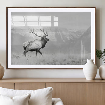 62278753-MGV-CV-36X24-Monochrome Elk Wall Art Canvas Print, Framed Mountain Wildlife Art Picture Print, Rustic Nature Perfect Rustic Minimalist Decor