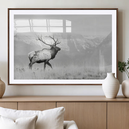 62278753-MGV-CV-36X24-Monochrome Elk Wall Art Canvas Print, Framed Mountain Wildlife Art Picture Print, Rustic Nature Perfect Rustic Minimalist Decor