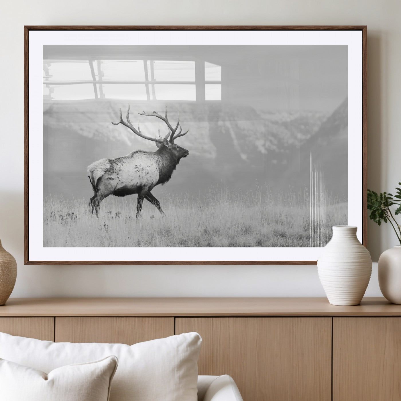 62278753-MGV-CV-36X24-Monochrome Elk Wall Art Canvas Print, Framed Mountain Wildlife Art Picture Print, Rustic Nature Perfect Rustic Minimalist Decor