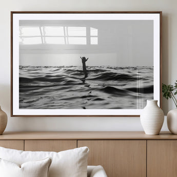 69541918-MGV-CV-36X24-Black White Ocean Wall Art Canvas Print, Framed Moody Seascape Art Picture Print, Surfer Sign Perfect Moody Minimalist Decor