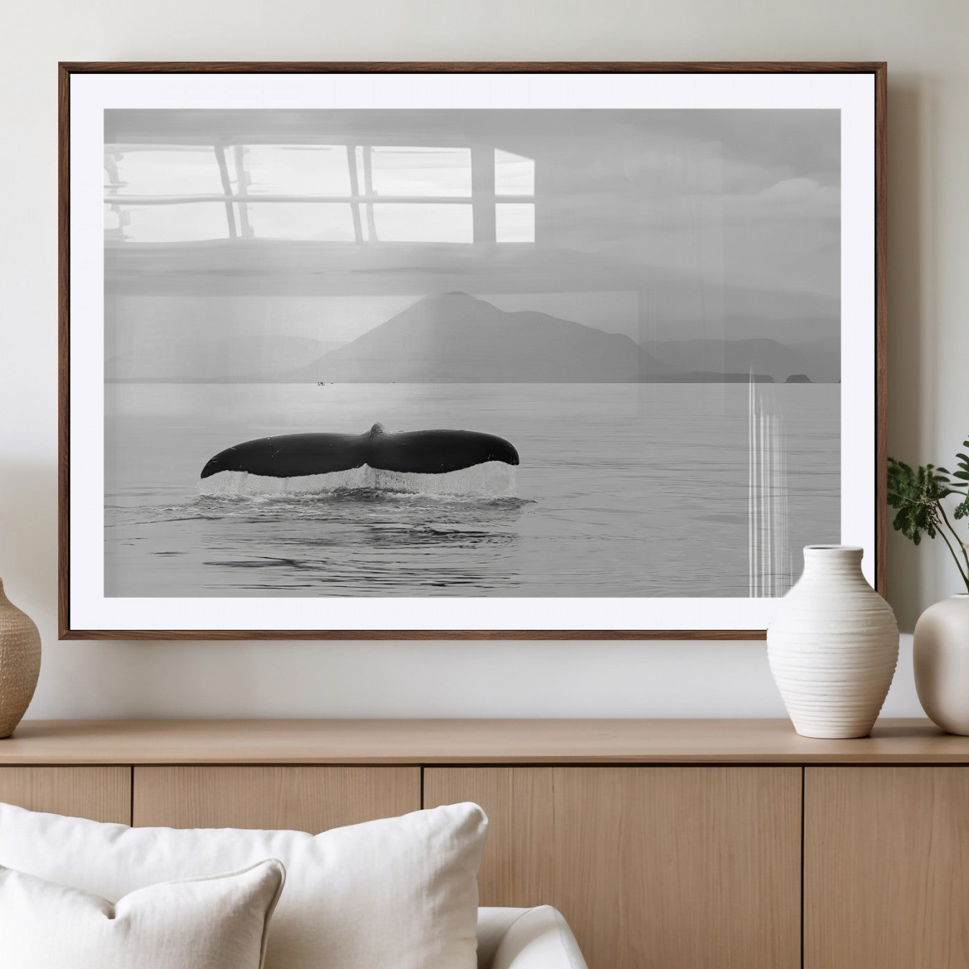 30524220-MGV-CV-36X24-Whale Tail Wall Art Canvas Print, Framed Black White Ocean Art Picture Print, Calm Marine Perfect Minimalist Coastal Decor Artwork