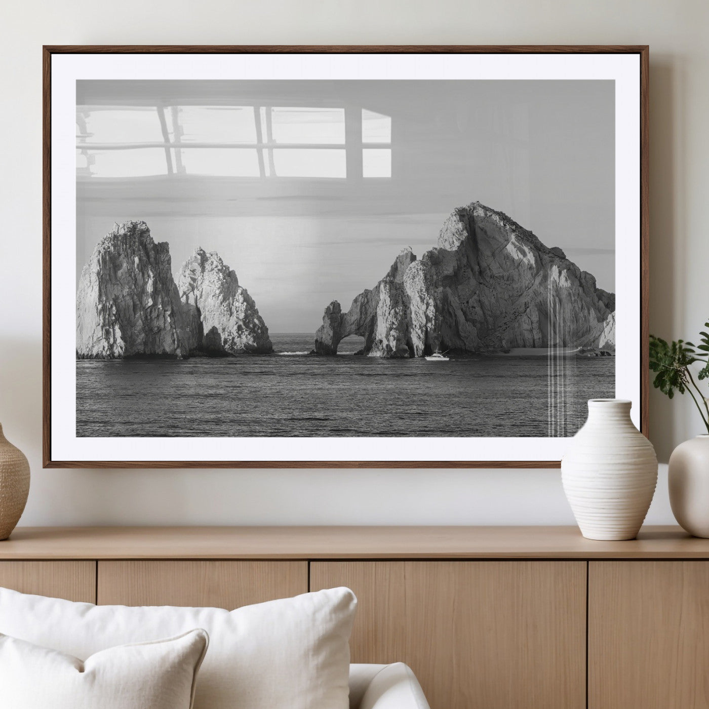 18810731-MGV-CV-36X24-Rugged Coastline Wall Art Canvas Print, Framed Ocean Cliffs Art Picture Print, Monochrome Seascape Perfect Coastal Minimalist