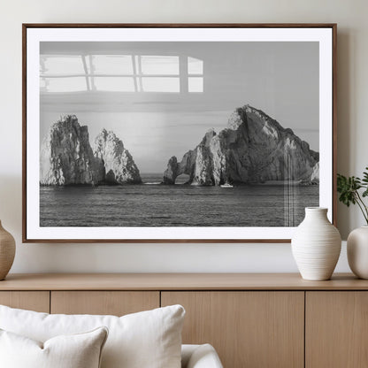 18810731-MGV-CV-36X24-Rugged Coastline Wall Art Canvas Print, Framed Ocean Cliffs Art Picture Print, Monochrome Seascape Perfect Coastal Minimalist